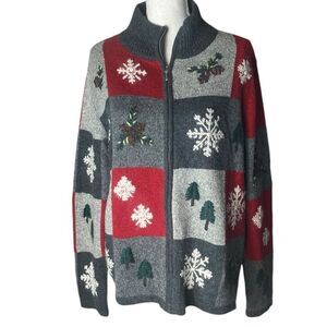Vtg Holiday Lodge Women's Christmas Knit Cardigan L Embroidered Full Zip Grey